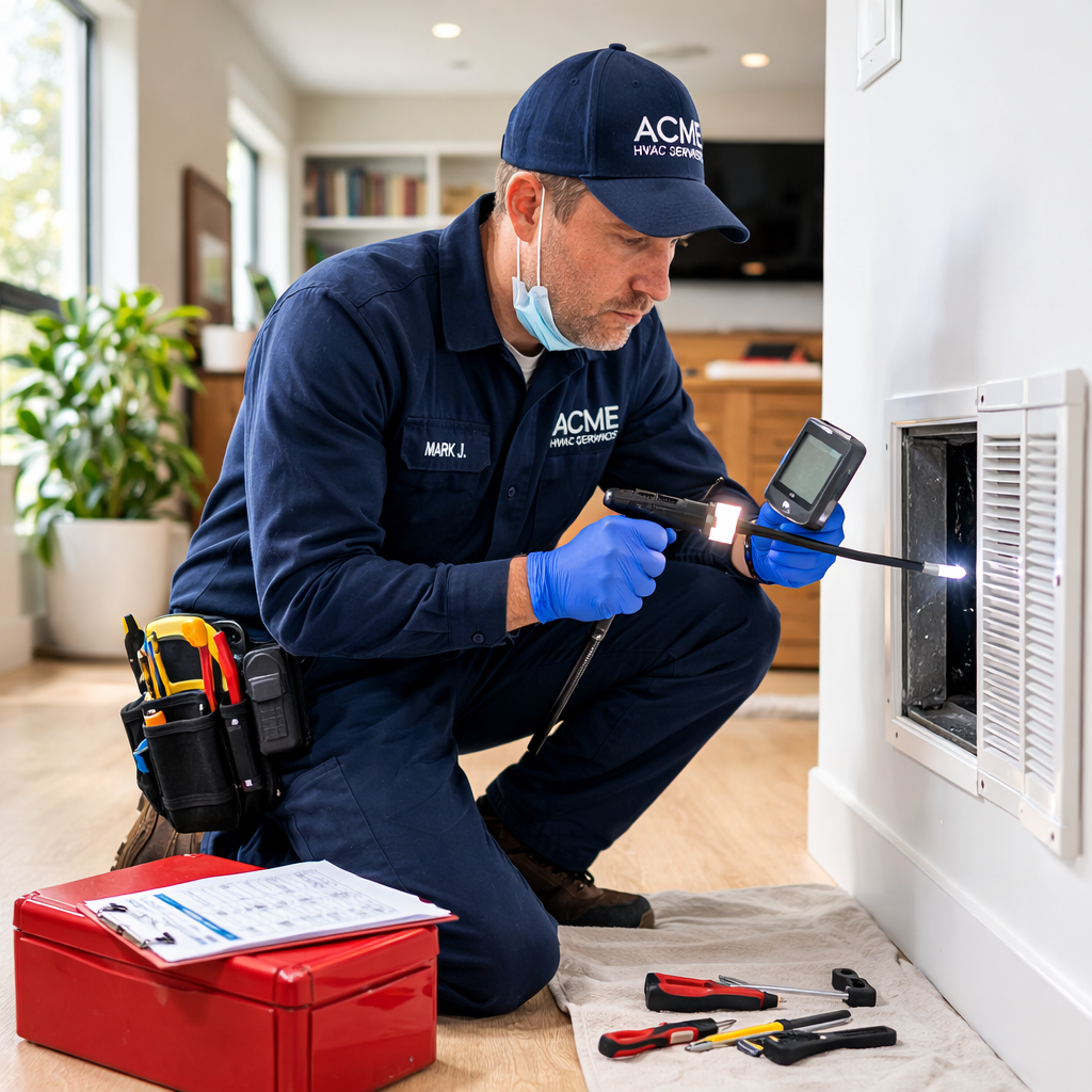 HVAC technician inspecting air duct vent in Boise Idaho home