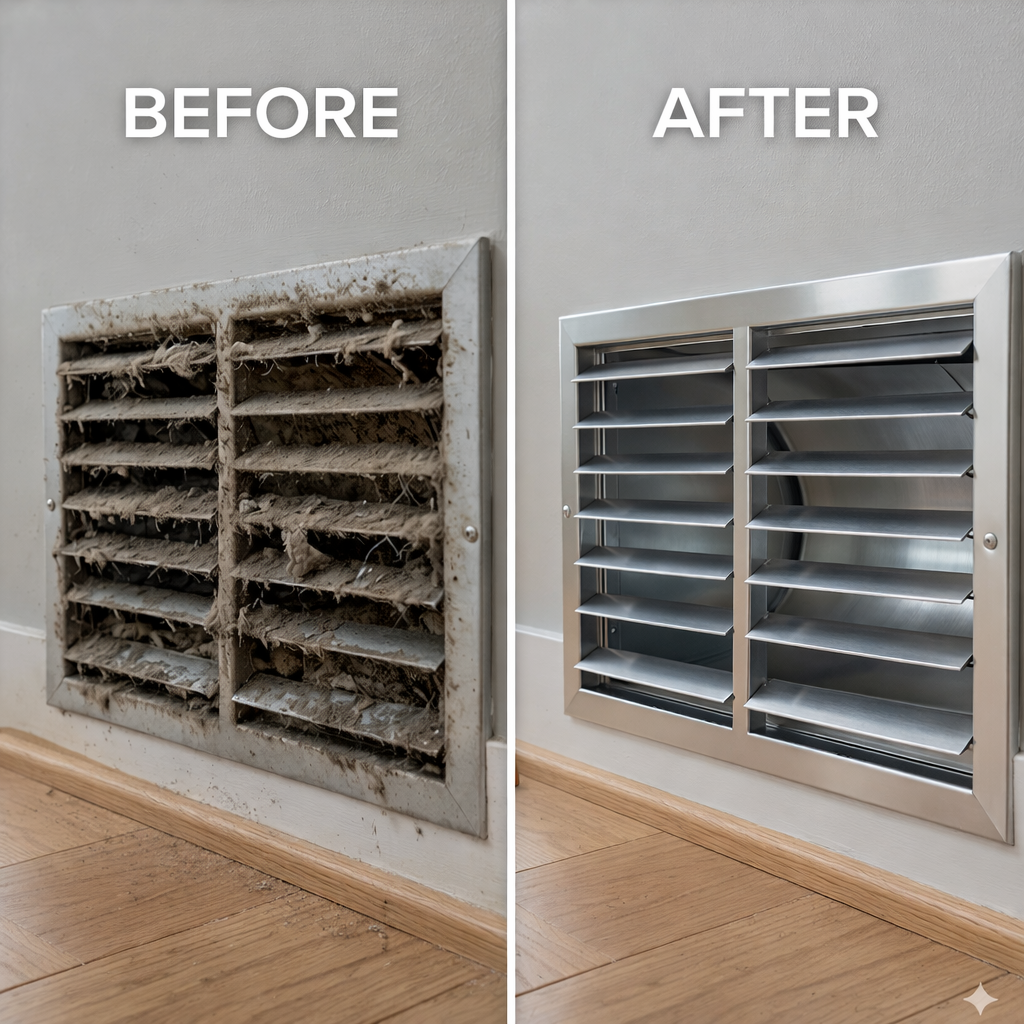 Air duct vent before and after professional cleaning in Boise Idaho